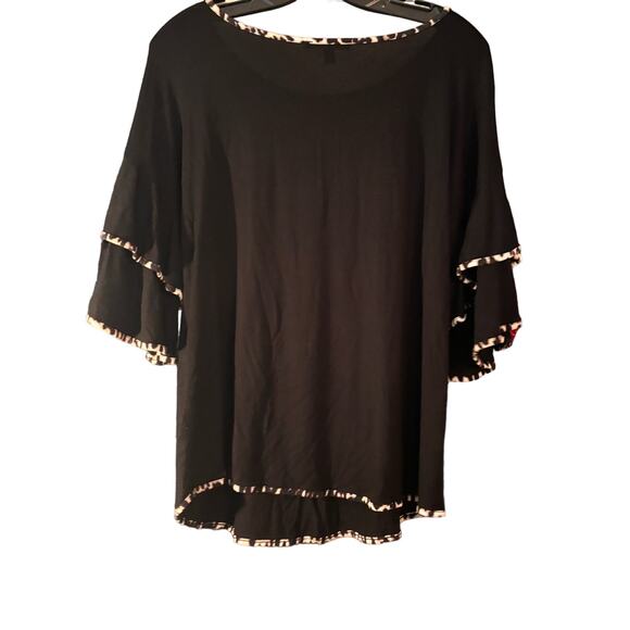 Cable & Gauge Shirt Top Blouse Black With Animal Print Trim Layered Bell Sleeves - Picture 3 of 8